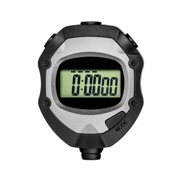 Digital stopwatch isolated. Black plastic electronic time meter, sport timer. Transparent PNG image.