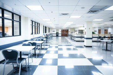 Spacious and well-lit hospital cafeteria with checkered flooring, featuring empty tables and seating areas, indicating a quiet moment or off-peak hours.