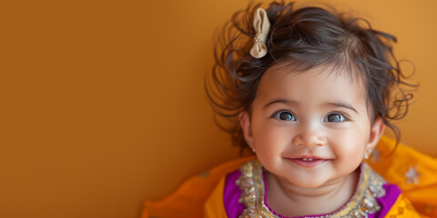 Banner with small cute surprised girl with copy space over yellow background. Shallow depth of field.