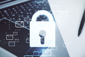 Creative concept with lock symbol and postal envelopes illustration on modern laptop background. Protection and firewall concept. Multiexposure