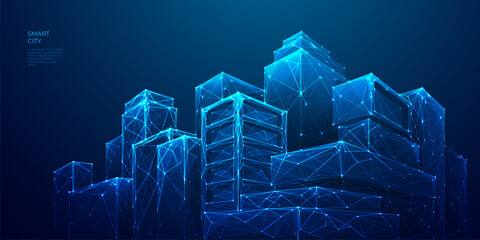 Abstract technology smart city panorama in futuristic digital polygonal style. Tech buildings cityscape on dark blue background. Night light city buildings. Low poly wireframe 3D vector illustration.