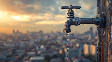 Last drops of water from an aged faucet against a backdrop of a dry city, urban water shortage concept.