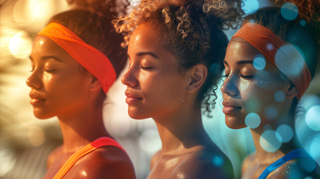 an image of three women in profile one after another with closed eyes where the color tone goes from hot warm to cold, the image conveys the coolness of a hot summer day