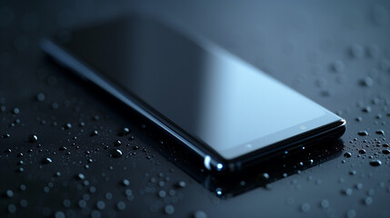 turned off modern black smartphone on a black surface covered with water drops