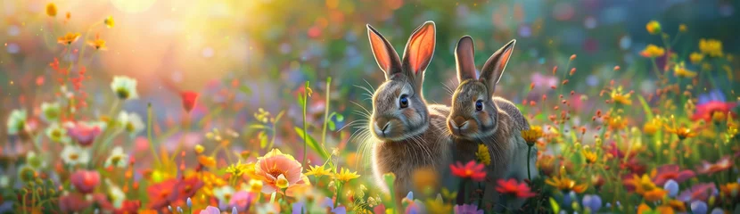 Poster Weide Two easter bunnies in a meadow with flowers.