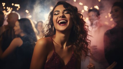 An attractive happy woman is laughing, dancing, having fun with friends in a nightclub against the...