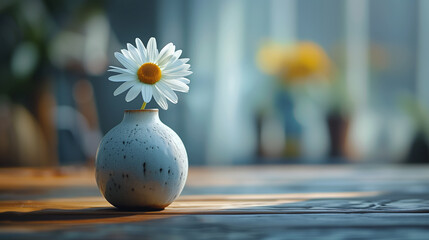 a beautiful large chamomile flower in a small vase of a light blue jug standing on the floor of a spacious room in which gentle sunlight falls, the image conveys true spring lightness and beauty