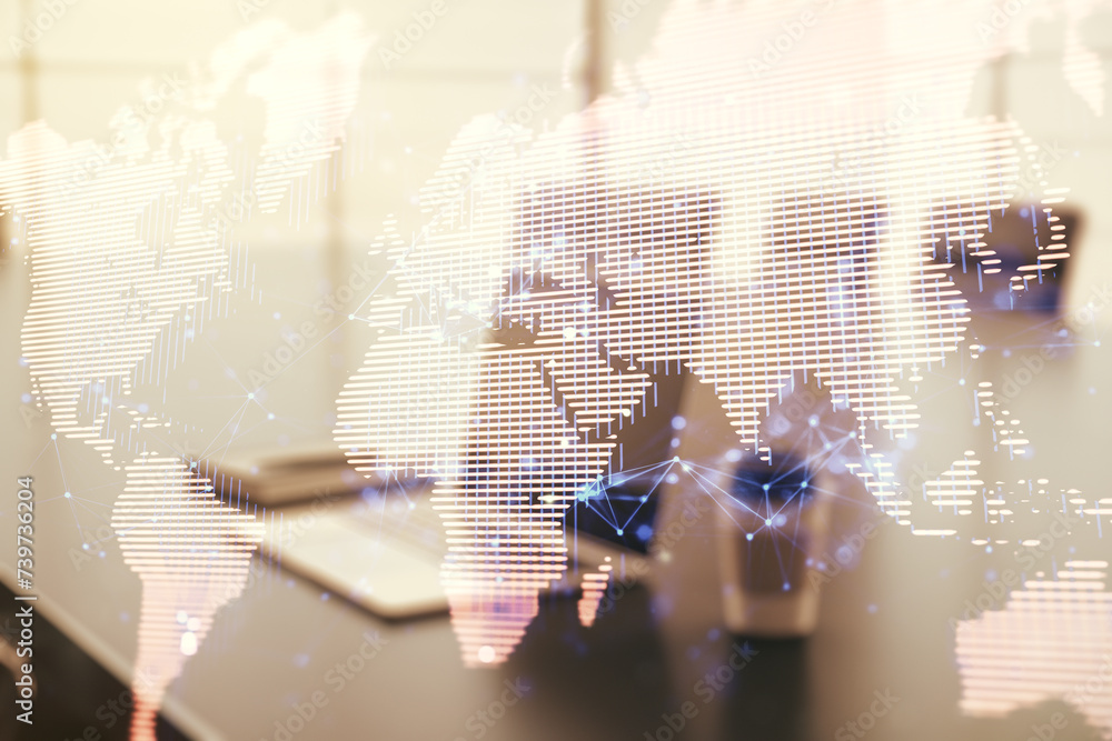 Poster multi exposure of abstract creative digital world map on laptop background, research and analytics c