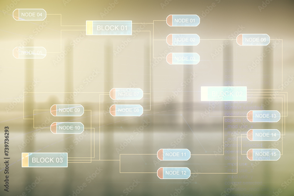 Poster Double exposure of abstract creative programming illustration on empty room interior background, big data and blockchain concept