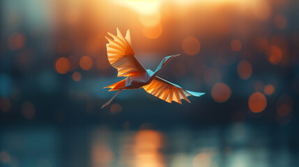 incredible work orange paper origami crane flying on a beautiful blurred background with spread wings, the beauty of lightness and vulnerability - obrazy, fototapety, plakaty