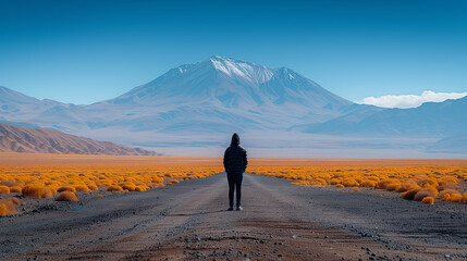 a small silhouette of a person standing in the middle of a dirt road that leads straight through a flat wasteland to a big mountain that a person looks at as a great challenge to his capabilities - obrazy, fototapety, plakaty