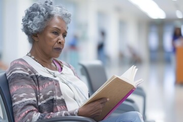 A thoughtful senior African American woman reading a book in a hospital waiting area. Hospital queue