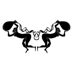 Symmetrical design with two naked girls holding jugs of water. Danaïdes. Aquarius Zodiac sign. Women pouring liquid from vessels. Hand draw original style illustration. Black and white silhouette.