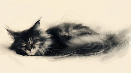 drawing of a cute black and white fluffy cat curled up and sleeping on a white background, cuteness is off the charts