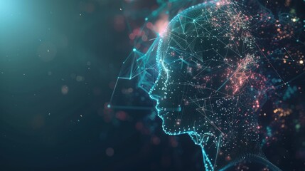 Artificial intelligence, humanoid head made of digital blue lines