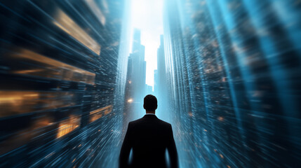 Man facing digital city blur