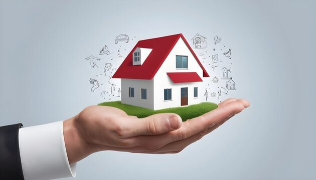 House or Family Insurance Concept, Home Icon floating over a Careful Gesture Hand of a Businessman, Concept of home and real estate Property insurance.