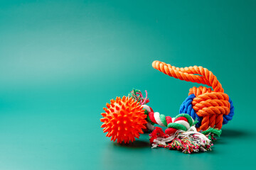 Pet toys on green background studio shot