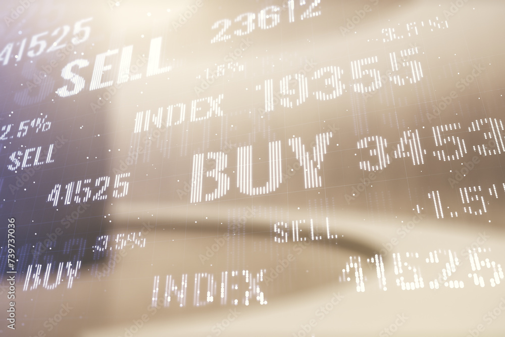 Poster multi exposure of virtual creative financial chart hologram on empty modern office background, resea