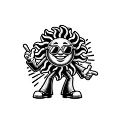 sun cartoon mascot wear sun glasses with happy face retro vector illustration