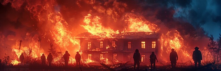 People in silhouettes on the balcony of a burning house