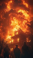 People in silhouettes on the balcony of a burning house