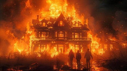 People in silhouettes on the balcony of a burning house