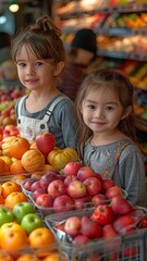 Fototapeta na wymiar A happy little boy and girl from Asia select fresh delicious fruits from the grocery counter.