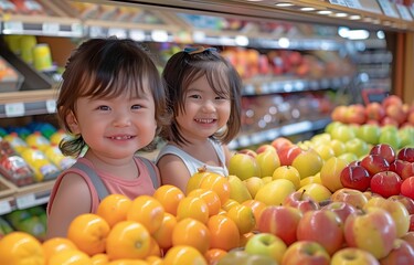 A happy little boy and girl from Asia select fresh delicious fruits from the grocery counter.