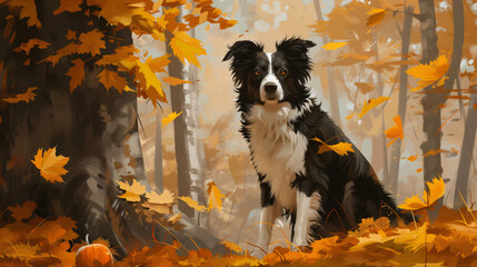 The Border Collie dog is sitting in the autumn forest.