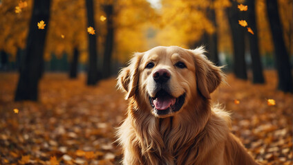 Happy golden retriever dog on Autumn nature background, wide web banner. Autumn activities for dogs. Fall Care Advice For Dogs. Preparing dog for walks in autumn and fireworks

