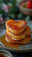 Obraz na płótnie Canvas Pancakes with a sweet syrup coating shaped like hearts