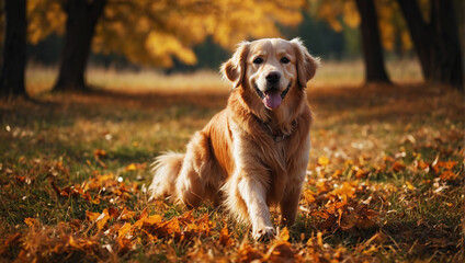 Happy golden retriever dog on Autumn nature background, wide web banner. Autumn activities for dogs. Fall Care Advice For Dogs. Preparing dog for walks in autumn and fireworks

