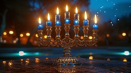 Holiday Glow A Blue and Gold Menorah for the Month of December Generative AI