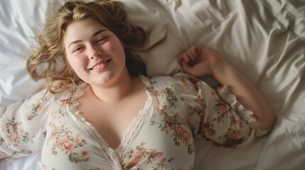 A beautiful, cute, chubby girl lies on a bed  - obrazy, fototapety, plakaty