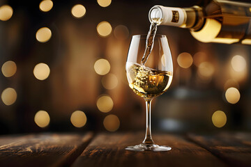 Poring white wine in a glass on the wood table with night life background