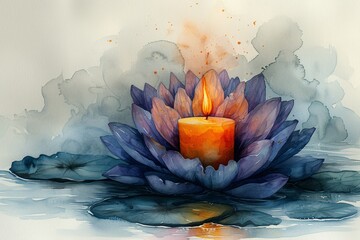 Flower of the Month Purple Lotus with a Candle Generative AI