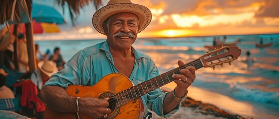 mariachi man with a guitar on the beach
