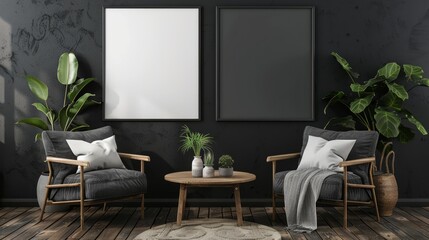 Mockup poster frame in modern interior background, living room decoration long table, 3D rendering. Generative Ai
