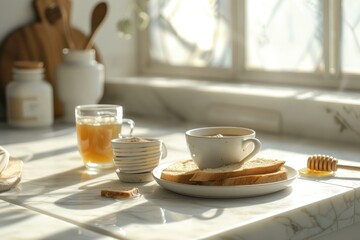 Breakfast served in kitchen. Fresh toasts, coffee 