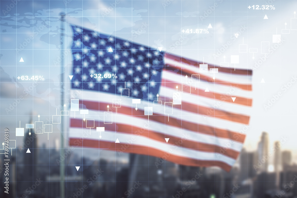 Poster multi exposure of virtual abstract financial graph hologram and world map on us flag and skyline bac