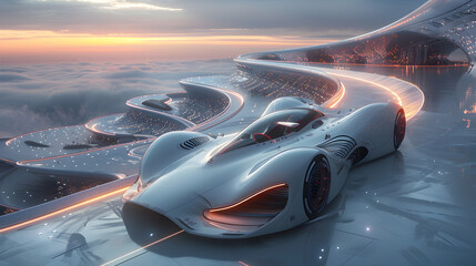 A futuristic Formula 1 race track floating in the clouds with silver race cars.