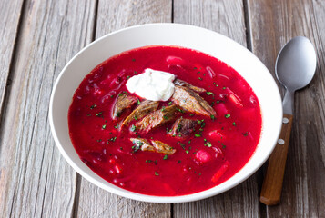 Traditional Ukrainian borscht with meat. Soup. Ukrainian cuisine.