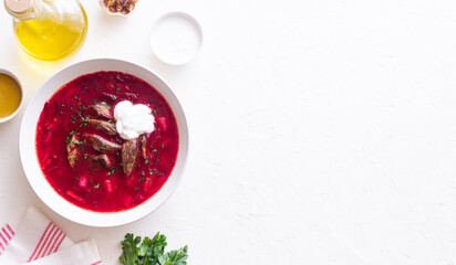 Traditional Ukrainian borscht with meat. Soup. Ukrainian cuisine.