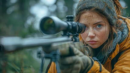 Fototapeta premium Woman in the wilderness, shooting a gun