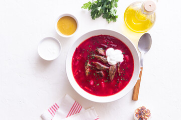 Traditional Ukrainian borscht with meat. Soup. Ukrainian cuisine.