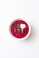 Traditional Ukrainian borscht with meat. Soup. Ukrainian cuisine.
