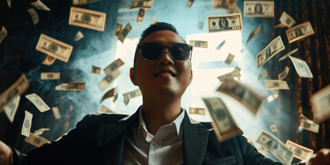 Rich Chinese Asian young business man in suit surrounded by flying money banknotes around happy excited. Passive income, lottery winner earning lots of money happy retirement concept - obrazy, fototapety, plakaty