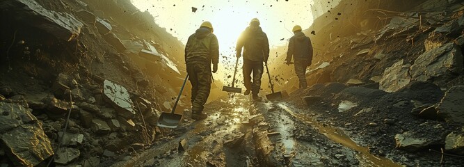Road construction workers using shovels to mix asphalt - obrazy, fototapety, plakaty