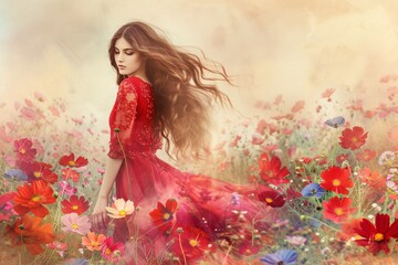 Flower Power A Fiery Red Dress in a Field of Wildflowers Generative AI